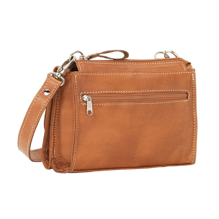 Back view of Friendship Arrows crossbody bag in natural tan with zippered pocket
