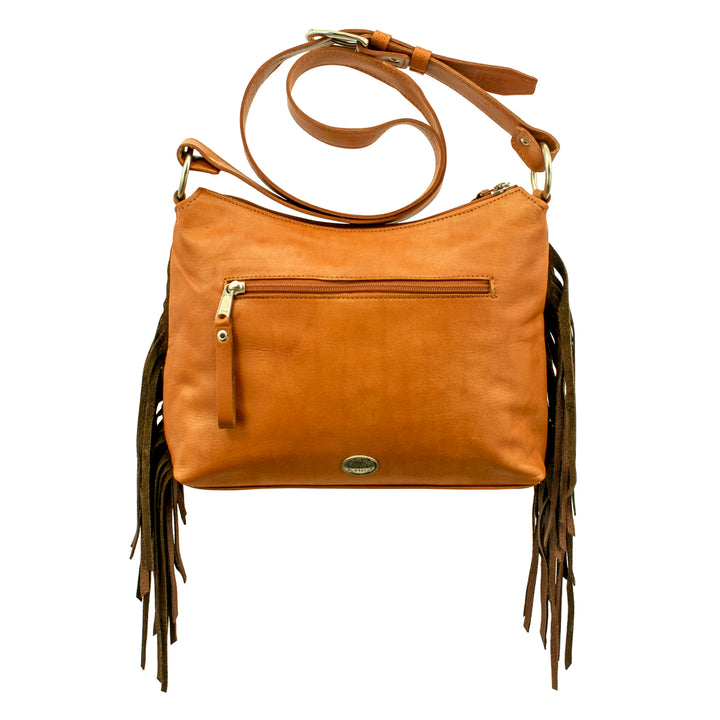 Back view of Friendship Arrows shoulder bag in natural tan