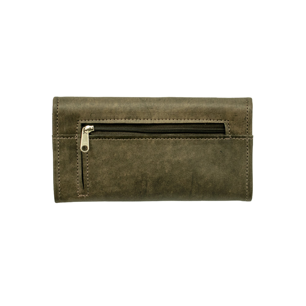 Back view of Friendship Arrows tri-fold wallet in distressed charcoal brown