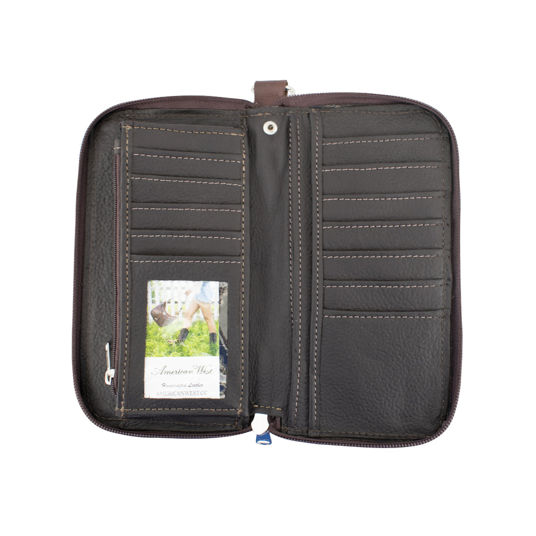 Inside view of Saddle Ridge zip-around wallet in light turquoise with credit card slots, zippered pocket and clear id holder
