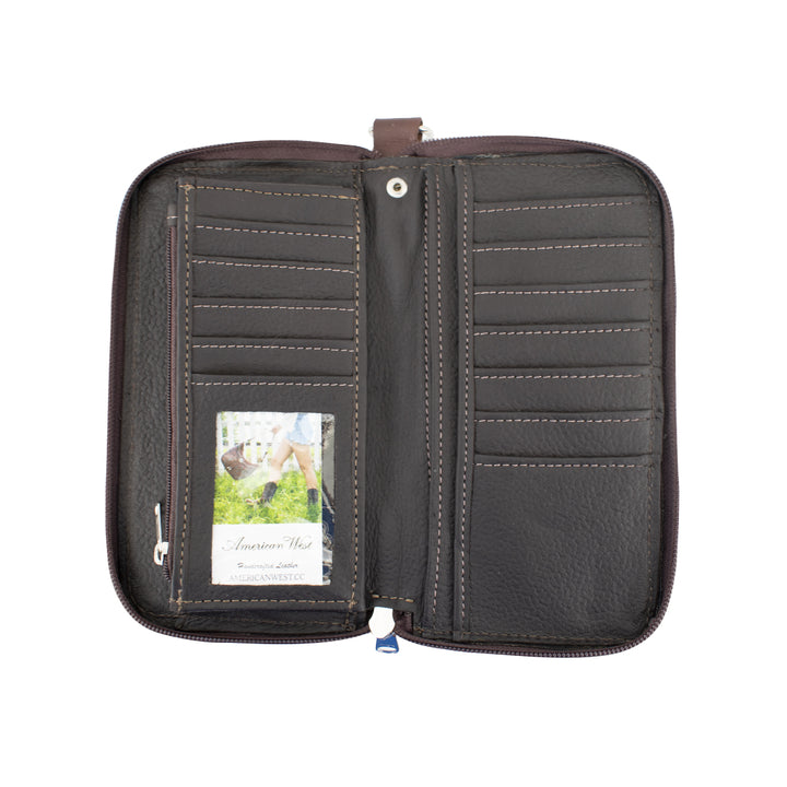 Inside view of Cow Town zip-around wallet in pony with credit card slots, zippered pocket and clear id holder