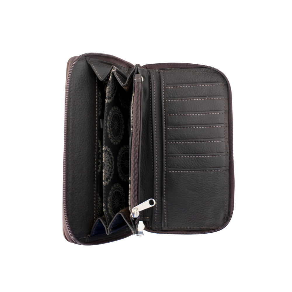 Inside view of Cow Town zip-around wallet in pony with credit card slots, zippered pocket and clear id holder