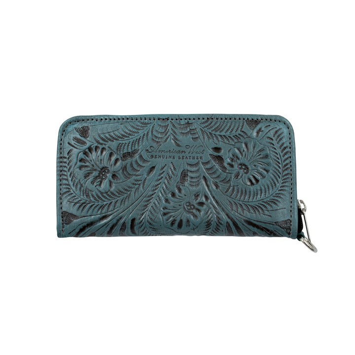 Back view of Ladies zip-around wallet in denim blue with hand tooled leather accents