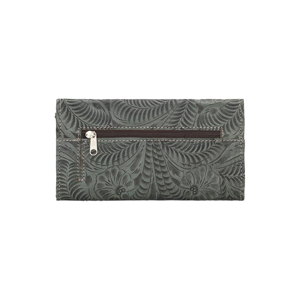 Back view of Ladies tri-fold wallet with zippered pocket and hand tooled leather design