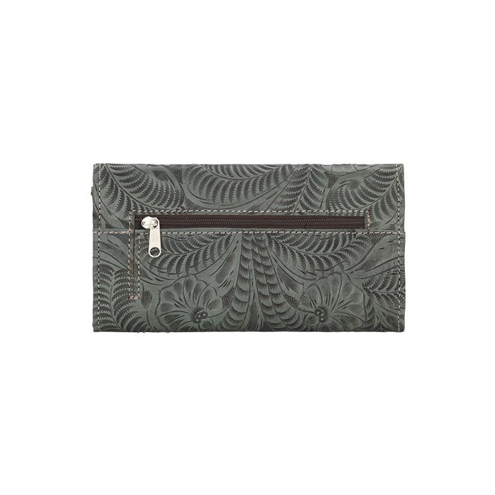 Back view of Ladies tri-fold wallet with zippered pocket and hand tooled leather design