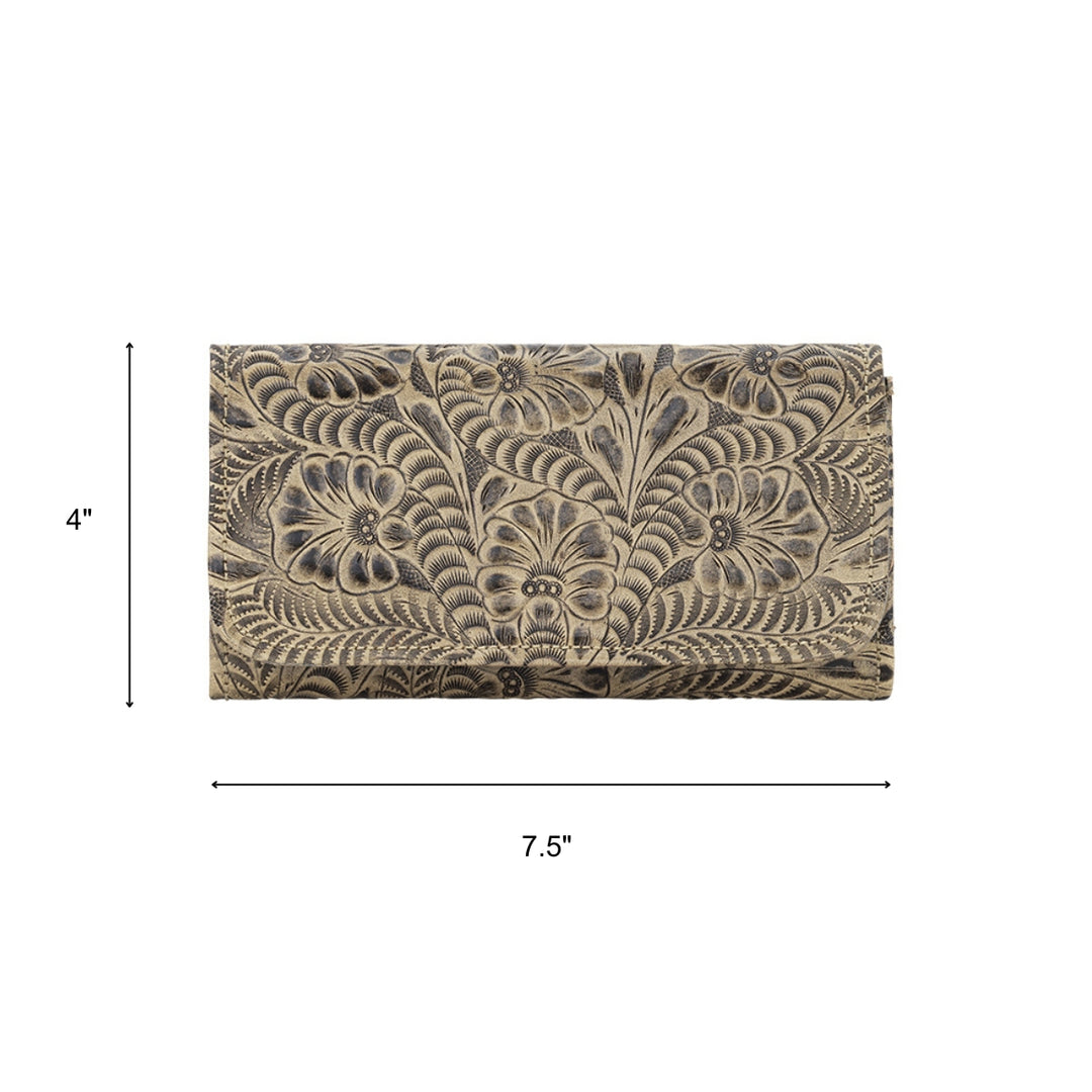 Ladies tri-fold wallet in denim blue with hand tooled leather accents with dimensions