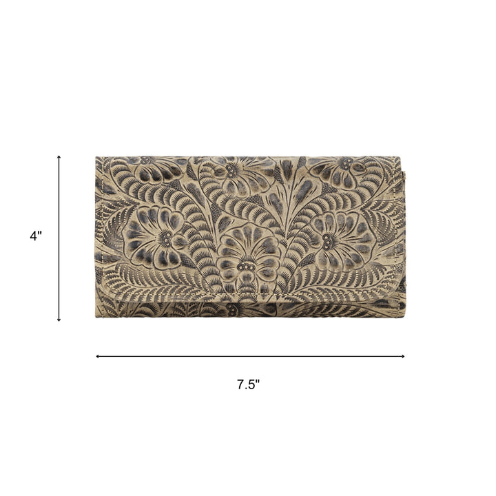 Ladies tri-fold wallet in denim blue with hand tooled leather accents with dimensions