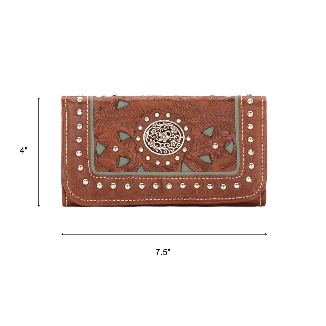 Lady Lace tri-fold wallet in medium brown with hand tooled leather and cut out accents with dimensions