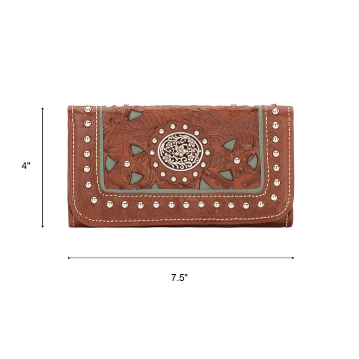 Lady Lace tri-fold wallet in medium brown with hand tooled leather and cut out accents with dimensions
