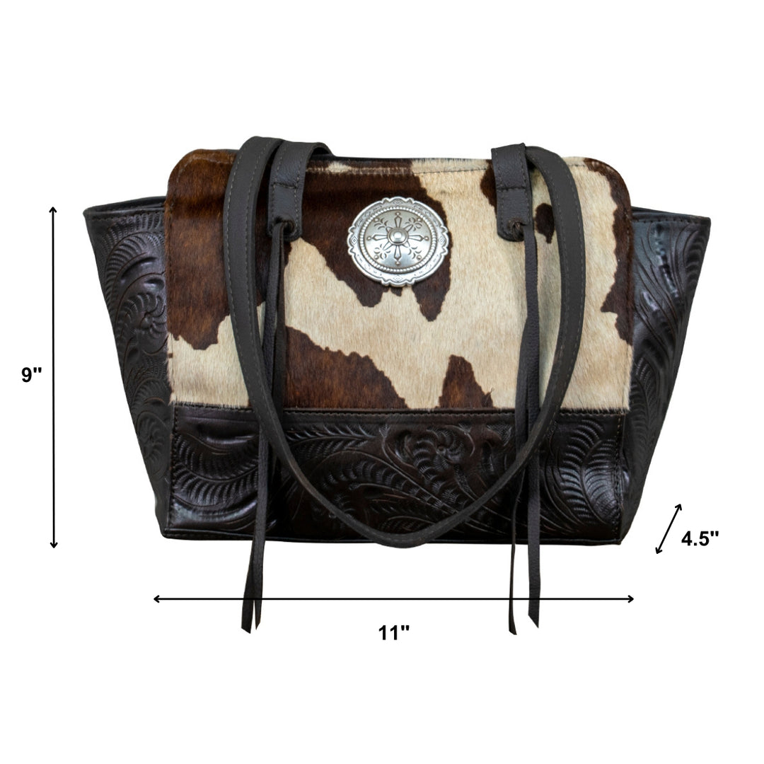 Cow Town conceal carry tote in pony with hair-on hide leather accents with dimensions