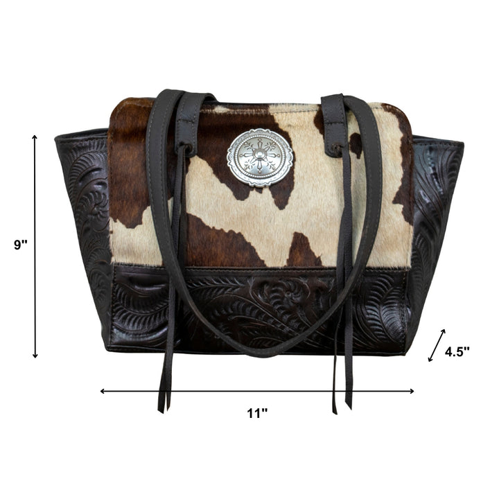 Cow Town conceal carry tote in pony with hair-on hide leather accents with dimensions