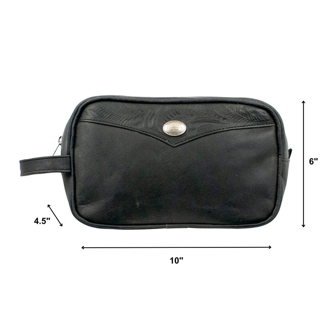 Waxed Leather dopp/shaving kit in black with hand tooled leather accents with dimensions