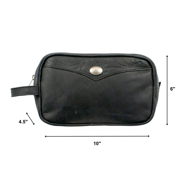 Waxed Leather dopp/shaving kit in black with hand tooled leather accents with dimensions