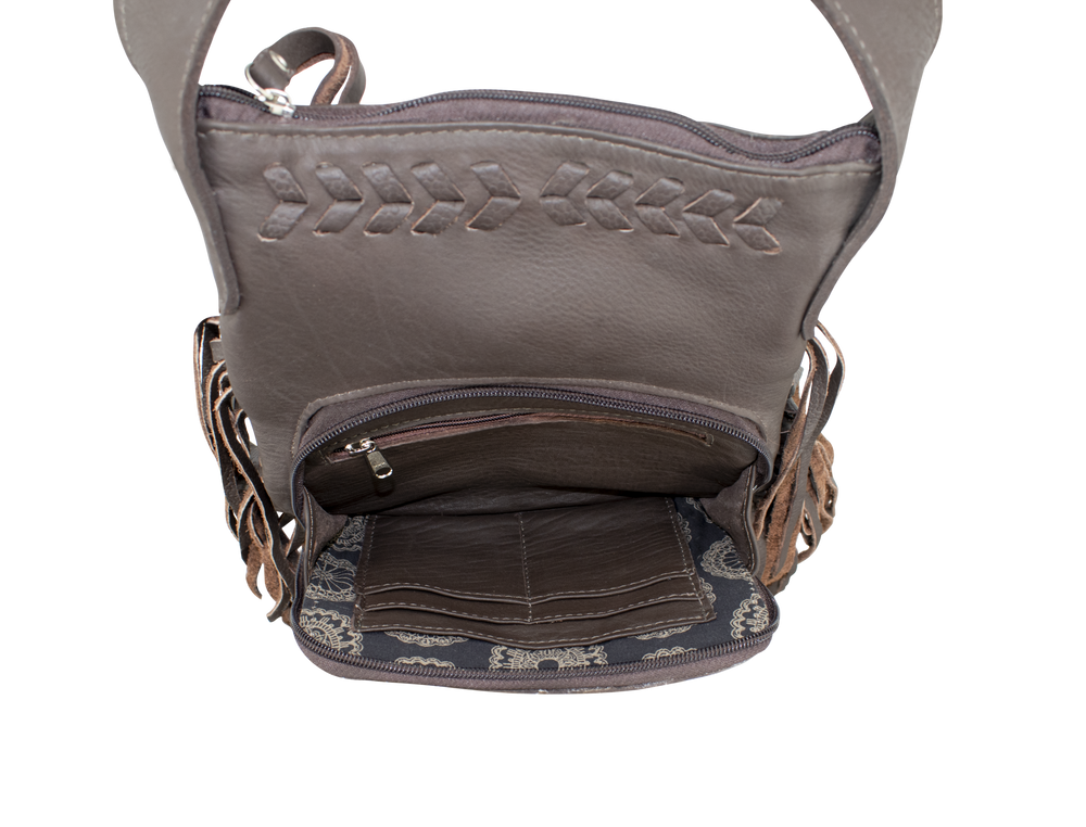 Inside view of front pocket of Fringed Cowgirl crossbody bag