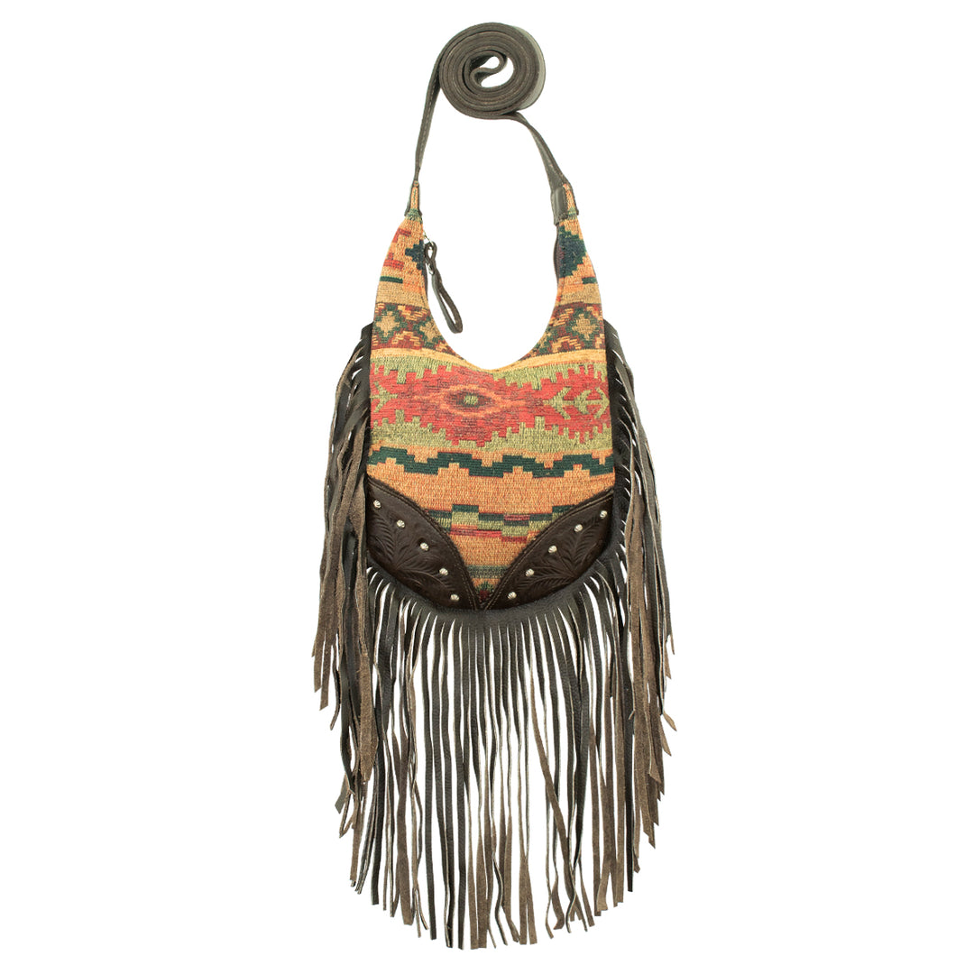 Fringed Cowgirl crossbody in woven tapestry with fringe accent