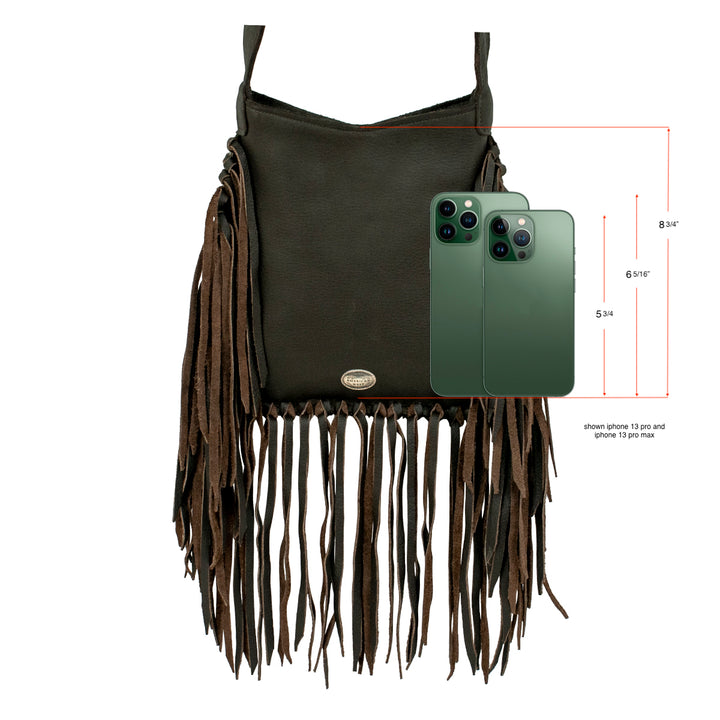 Back view of Fringed Cowgirl crossbody bag next to phon with dimensions