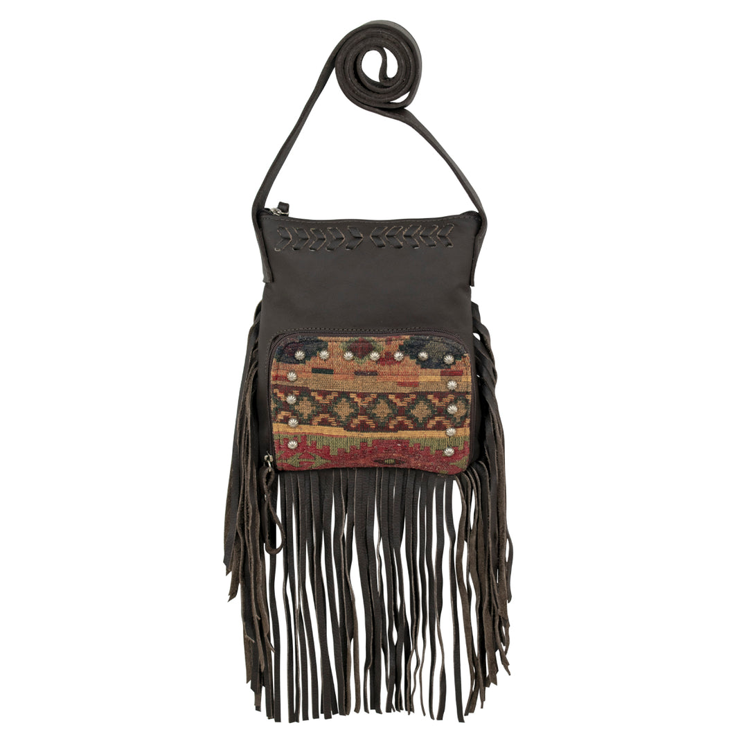 Fringed Cowgirl crossbody in woven tapestry with fringe accent