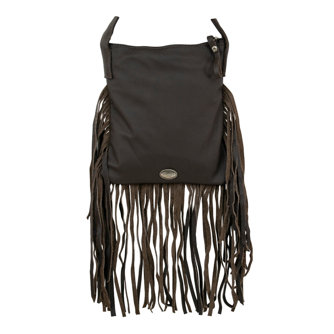 Back view of Fringed Cowgirl crossbody bag with fringe in woven tapestry