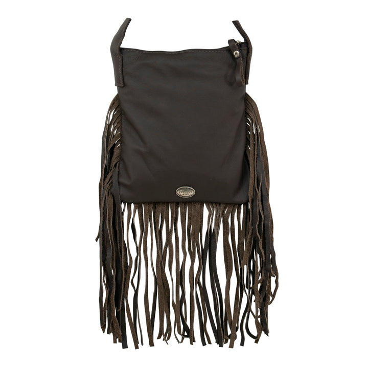 Back view of Fringed Cowgirl crossbody bag with fringe in woven tapestry