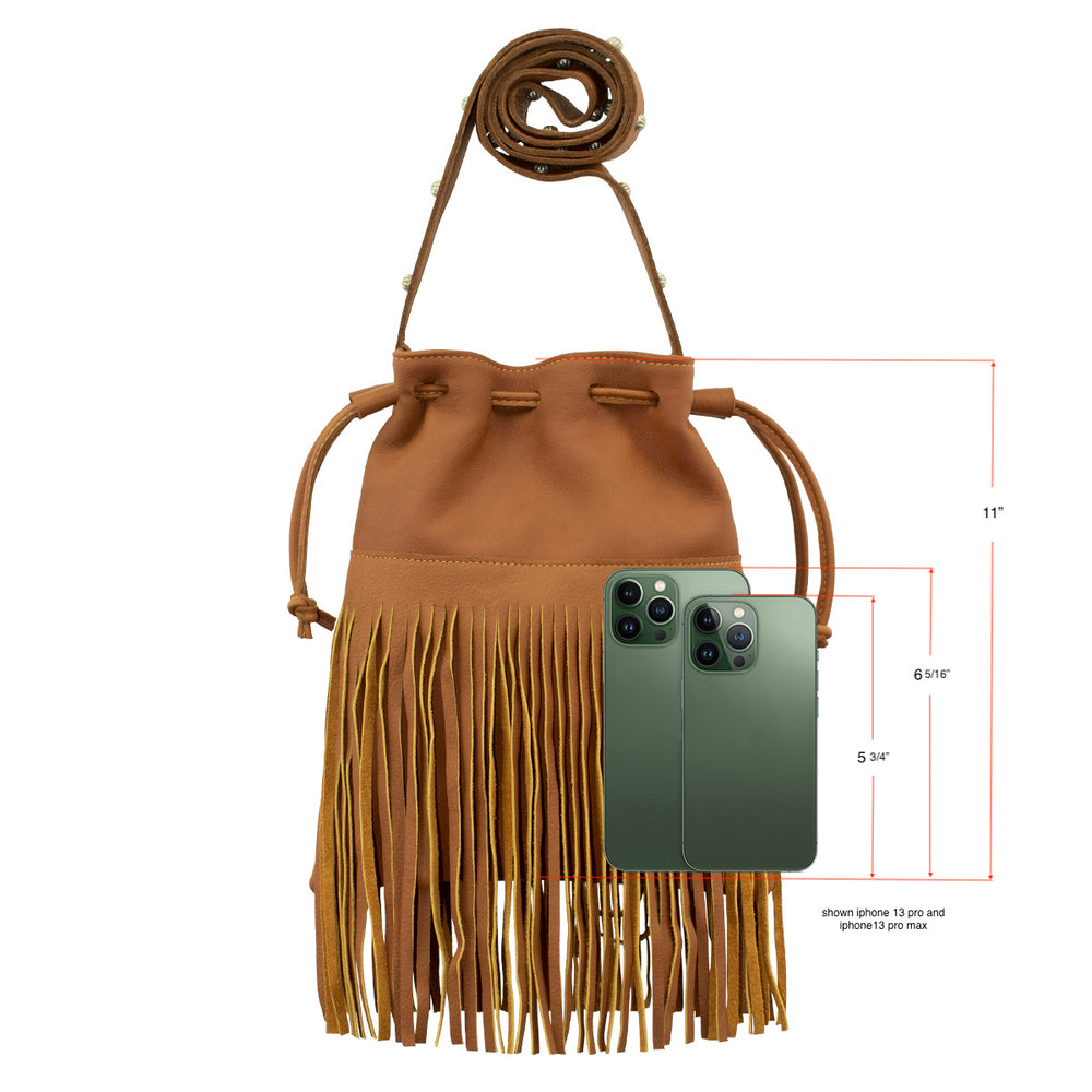 Back view of Fringed Cowgirl crossbody bag in natural tan  shown with phone