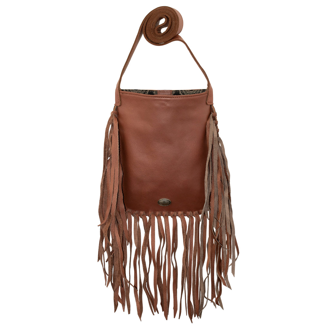 Back view of Fringed Cowgirl crossbody bag with fringe in natural tan 