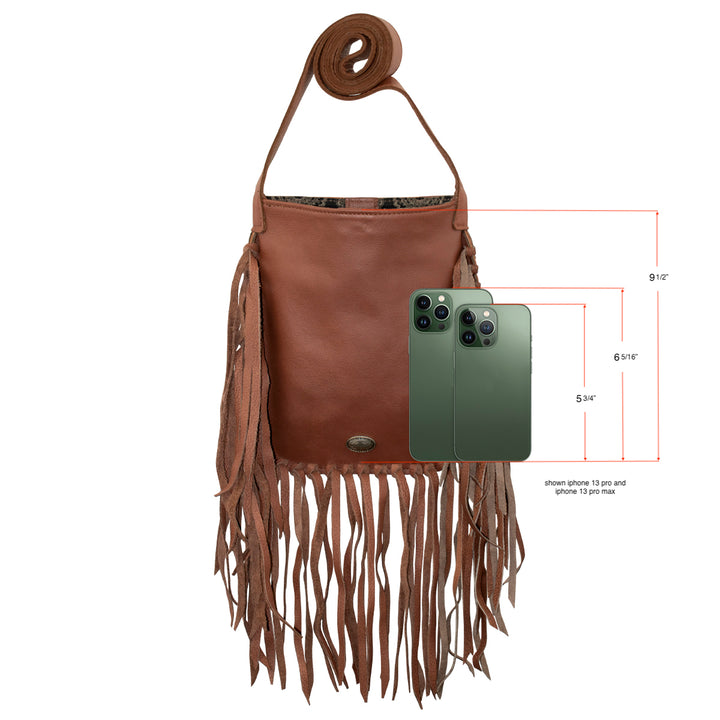 Back view of Fringed Cowgirl crossbody bag with fringe in natural tan rose shown next to a phone