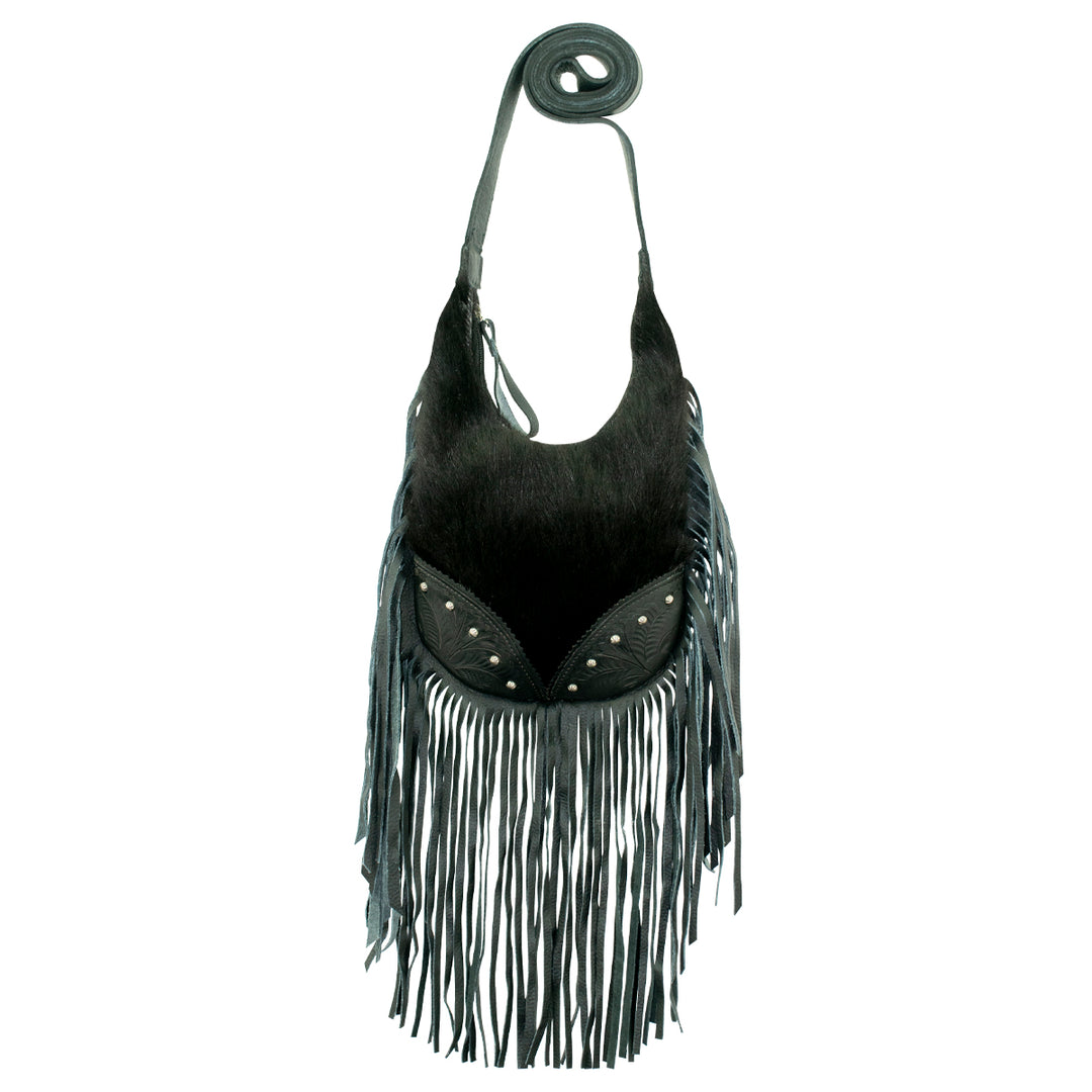 Fringed Cowgirl crossbody in black with hand tooled leather and hair-on hide accents and fringe