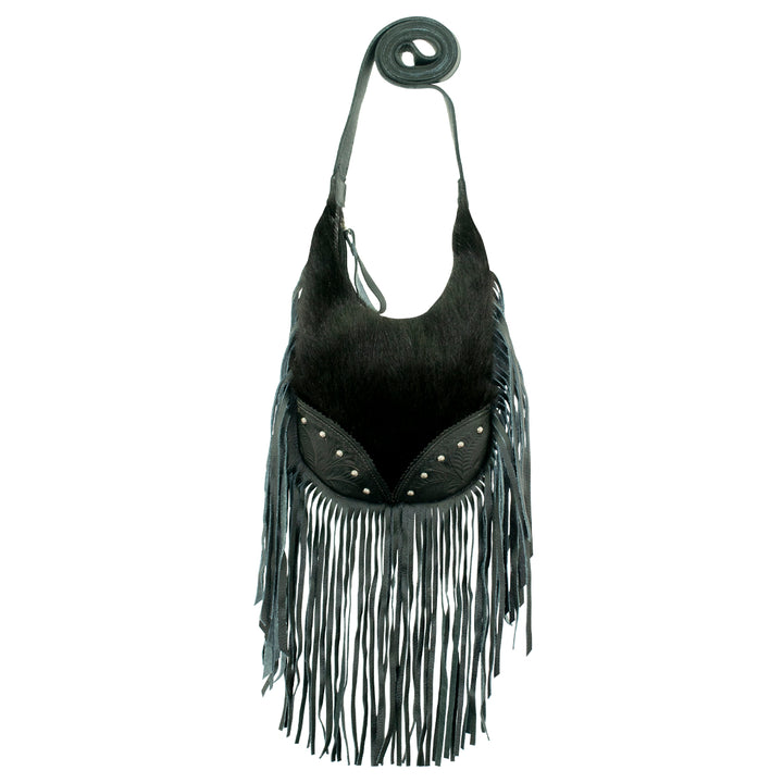 Fringed Cowgirl crossbody in black with hand tooled leather and hair-on hide accents and fringe