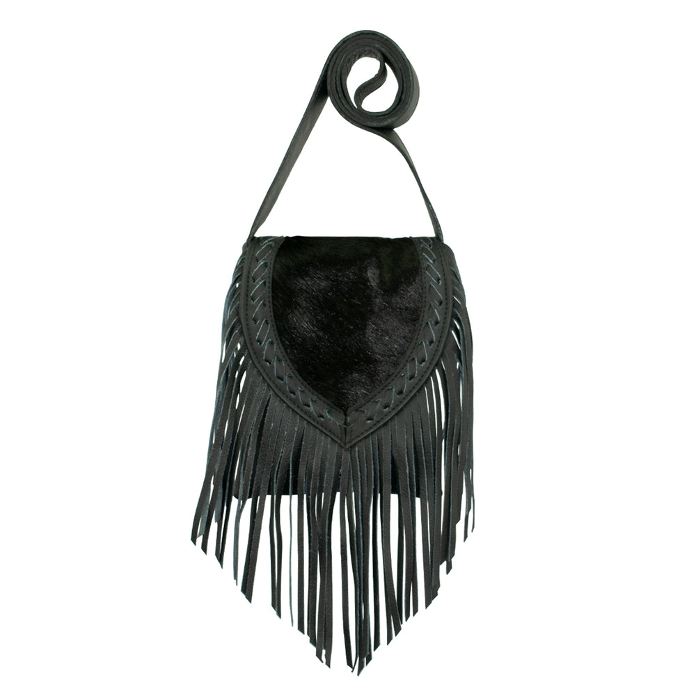 Fringed Cowgirl crossbody in black with hair-on hide leather and fringe accents