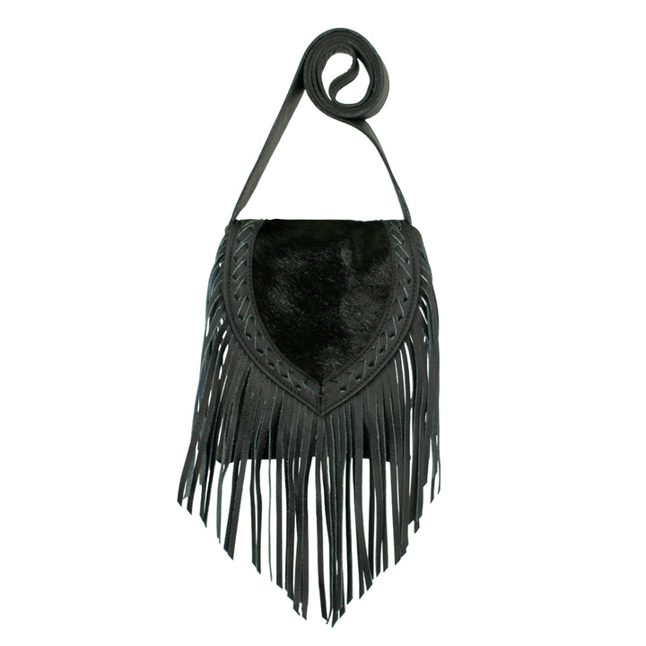 Fringed Cowgirl crossbody in black with hair-on hide leather and fringe accents