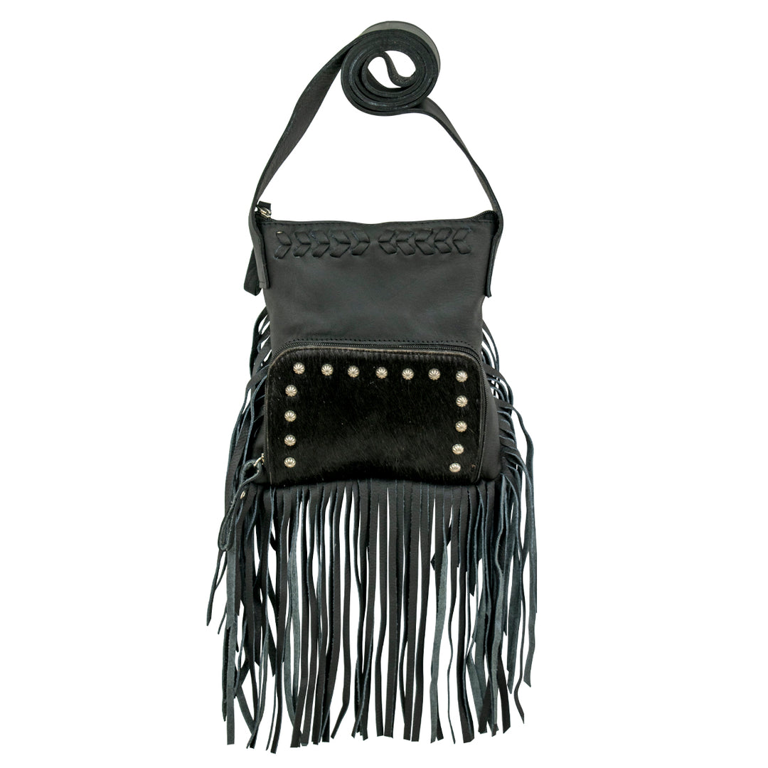 Fringed Cowgirl crossbody in black with hair-on hide leather and fringe accents