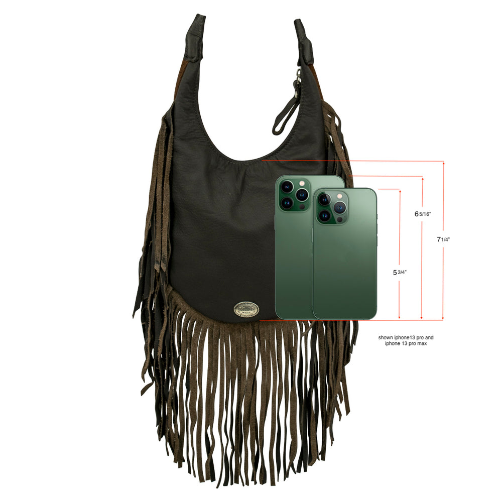 Back view of Fringed Cowgirl crossbody bag in black next to phone with dimensions