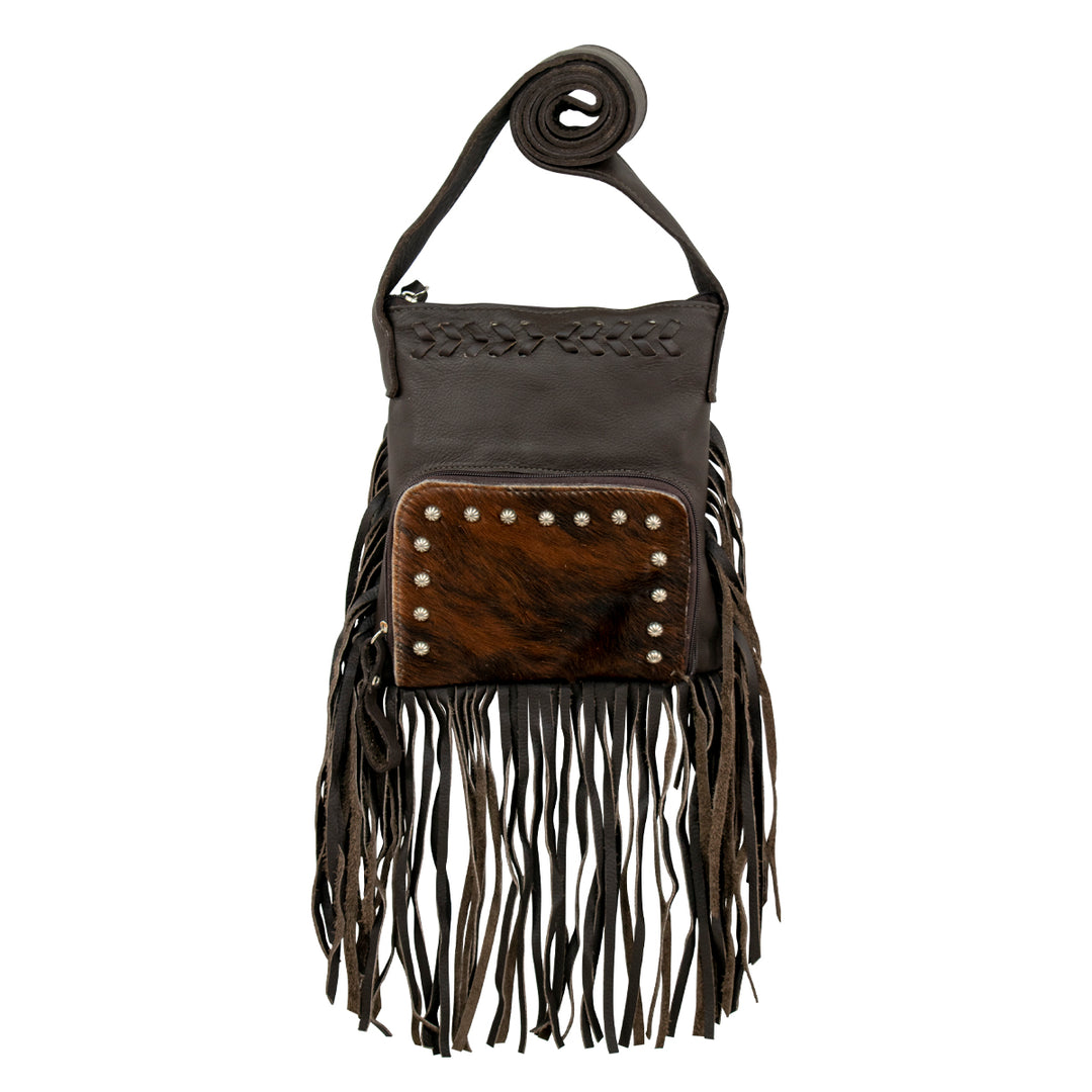 Fringed Cowgirl crossbody in brindle with hair-on hide leather and fringe accents