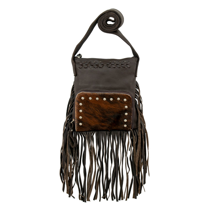 Fringed Cowgirl crossbody in brindle with hair-on hide leather and fringe accents