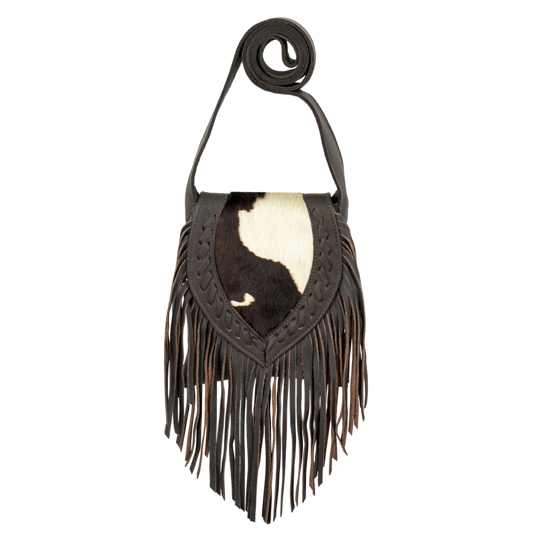 Fringed Cowgirl crossbody in pony with hair-on hide leather and fringe accents