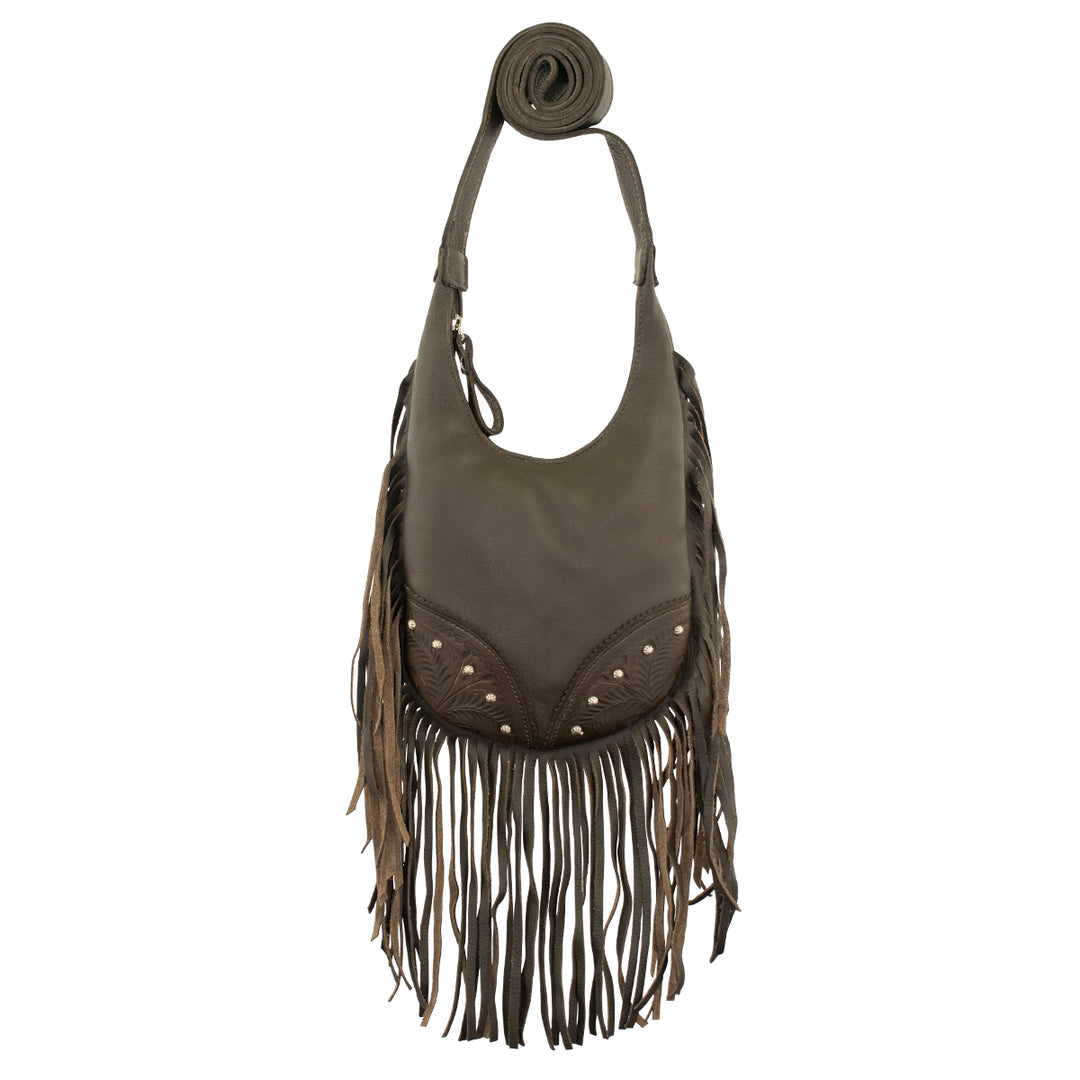 Fringed Cowgirl crossbody in chocolate brown with hand tooled leather and fringe accents