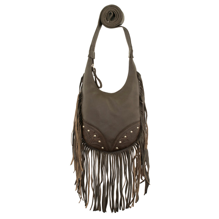 Fringed Cowgirl crossbody in chocolate brown with hand tooled leather and fringe accents