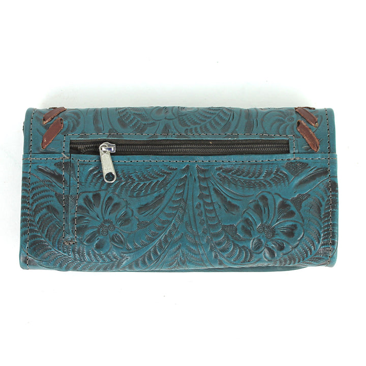 Back view of Lariats and Lace tri-fold wallet with zippered pocket