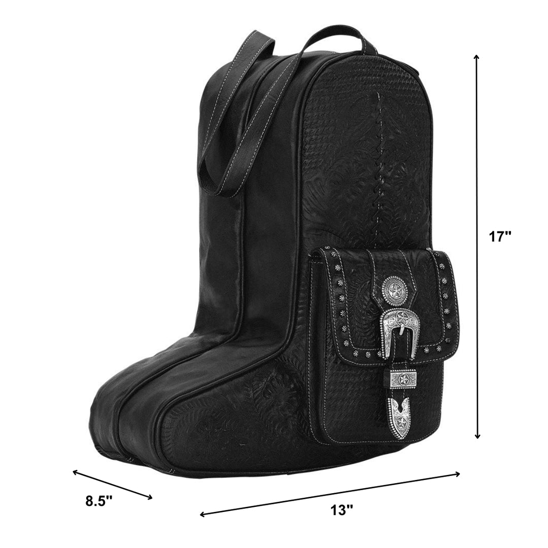 Classic Travel boot bag in black with hand tooled leather and buckle set accents with dimensions