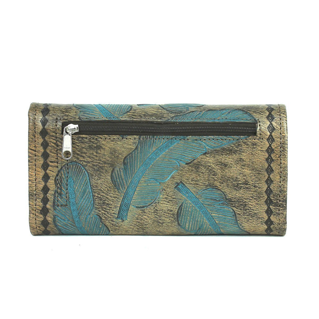 Back view of Sacred Bird tri-fold wallet in distressed charcoal brown leather with turquoise