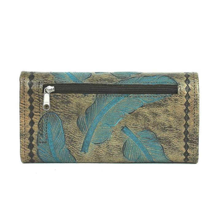 Back view of Sacred Bird tri-fold wallet in distressed charcoal brown leather with turquoise