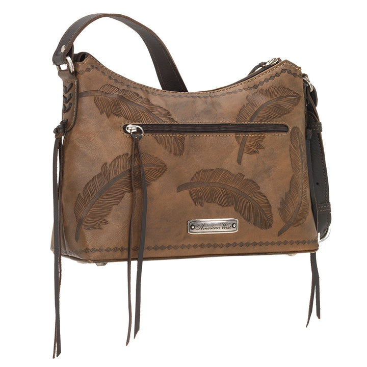 Back view of Sacred Bird shoulder bag with zippered pocket