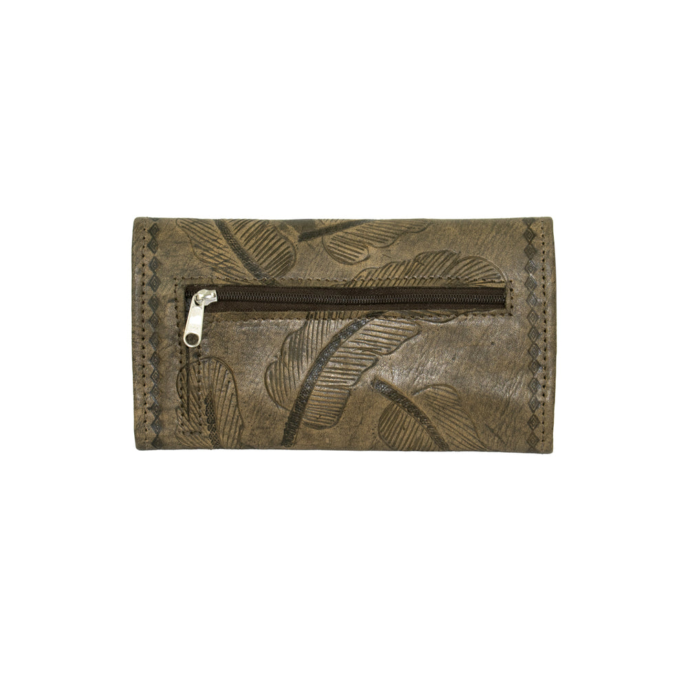 Back view of Sacred Bird tri-fold wallet with zippered pocket