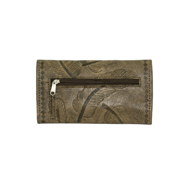 Back view of Sacred Bird tri-fold wallet with zippered pocket