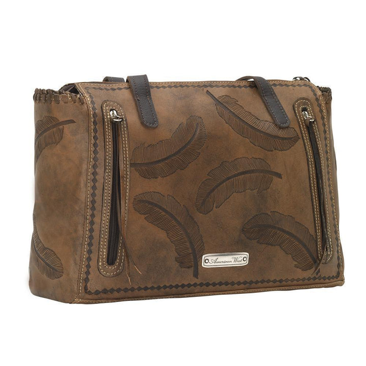 Back view of Sacred Bird conceal carry tote with back zippered pocket with double opening