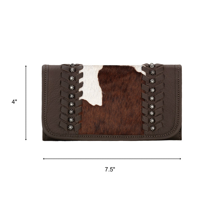 Cow Town tri-fold wallet in pony with hair-on hide leather accents with dimensions