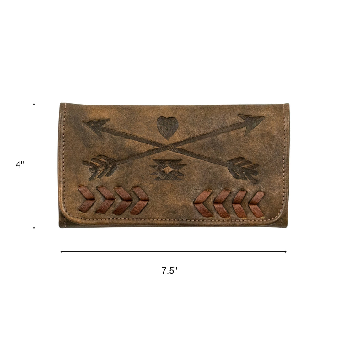 Friendship Arrows tri-fold wallet in distressed charcoal brown with hand tooled leather accents with dimensions
