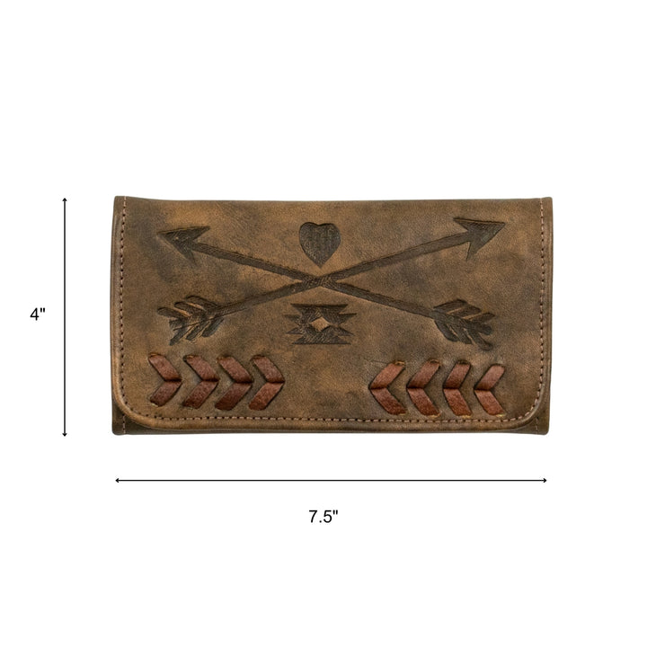Friendship Arrows tri-fold wallet in distressed charcoal brown with hand tooled leather accents with dimensions