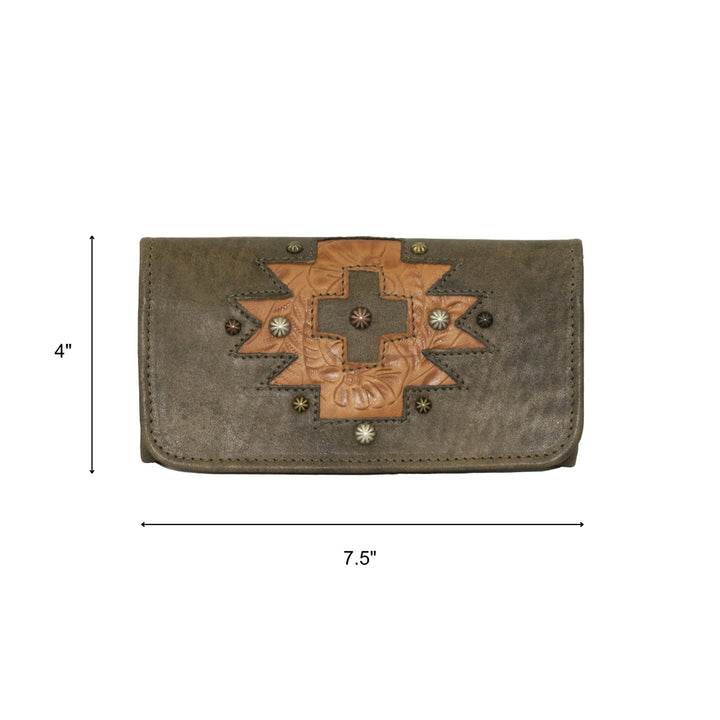 Navajo Soul tri-fold wallet in distressed charcoal brown with hand tooled leather accents with dimensions