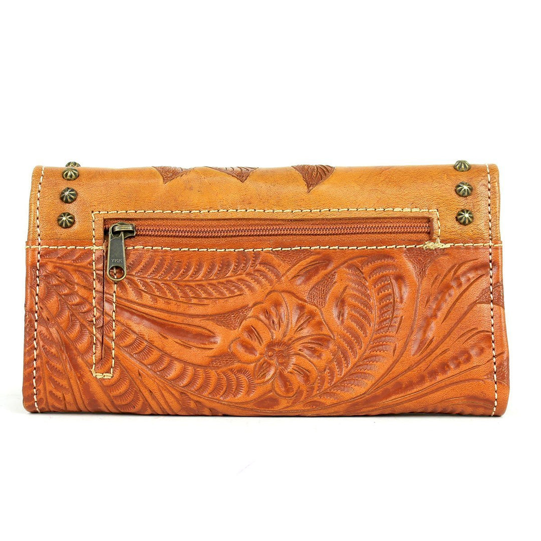 Back view of Texas Rose tri-fold wallet with zippered pocket